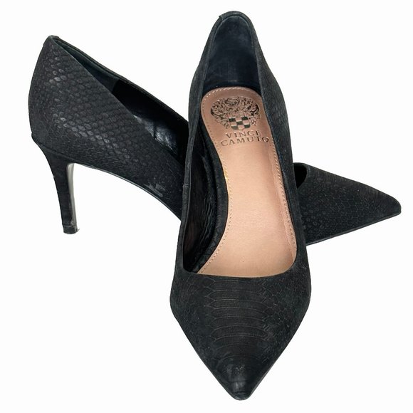 VINCE CAMUTO Kain Black Snake Textured Stiletto Pointed Toe Sexy Heels, Size 8 - Picture 1 of 16
